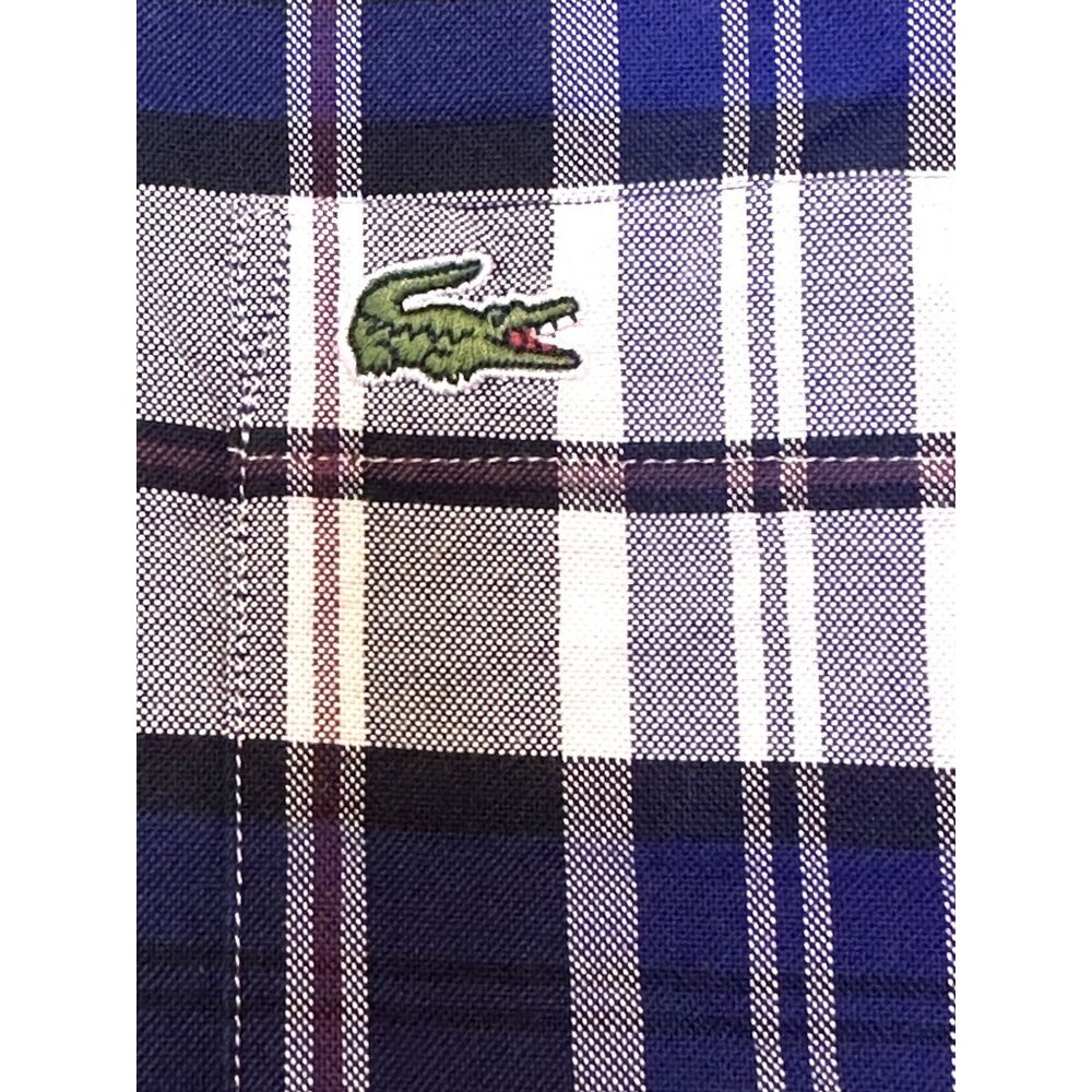 Lacoste Shirt Men's Sm Short Sleeve Button Up Blue Plaid Logo Pocket Regular Fit - Picture 5 of 12